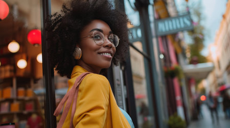 Afro female holding shopping bag standing in front of boutique and looking in the shop windowの素材