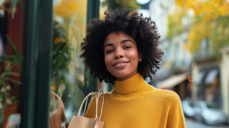 Afro female holding shopping bag standing in front of boutique and looking in the shop windowの素材
