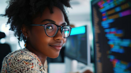 Afro woman programmer using computer working in the officeの素材