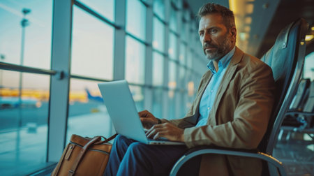 Business sitting using laptop at the gate before boarding the planeの素材