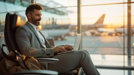 Business sitting using laptop at the gate before boarding the planeの素材
