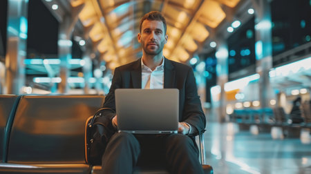Business sitting using laptop at the gate before boarding the planeの素材