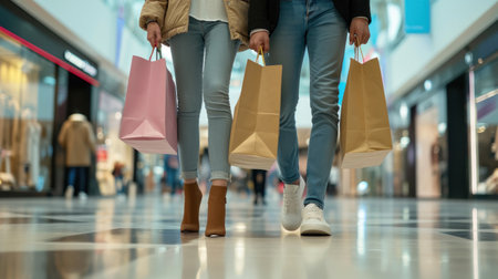 couple walking through the mall after some shoppingの素材