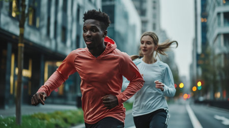 Close-up Sport couple sprinting in the cityの素材