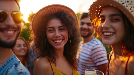 Friends meeting up to spend time together on a summers eveningの素材