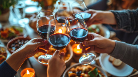 Group of unrecognizable people toasting with wine during Thanksgiving dinner at dining tableの素材