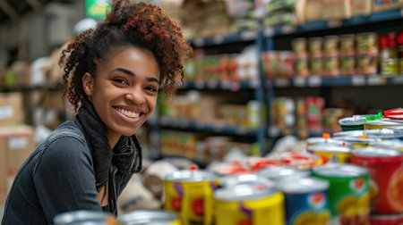 Volunteer accepts canned food donation at food driveの素材