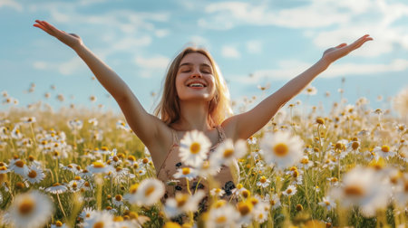 Young adult woman outdoors in chamomile field enjoying summerの素材