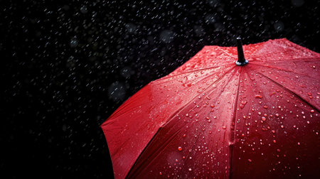 Red Umbrella and Rain Against Black Backgroundの素材