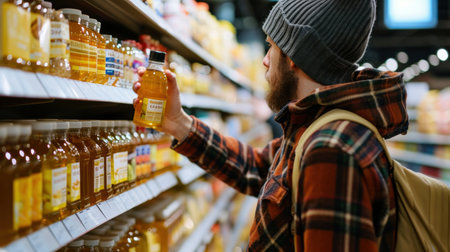 Pick up a jar of organic honey from the produce aisle and read the nutrition label on the bottle.の素材