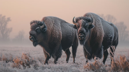Three bison covered in hoarfrostの素材