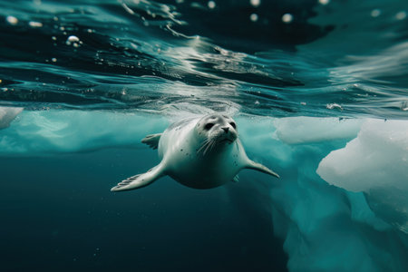 Under water Seal swim beneath the Arctic sea iceの素材