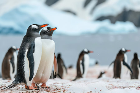Two penguins standing together and a flock of penguins in the background and an icebergの素材