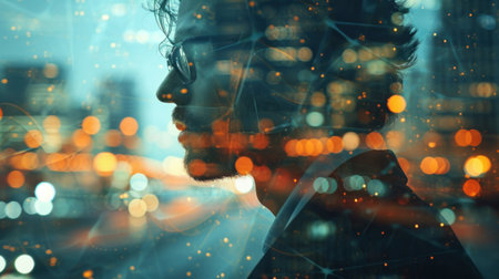 An businessman face, double exposure with sunset modern city roadの素材