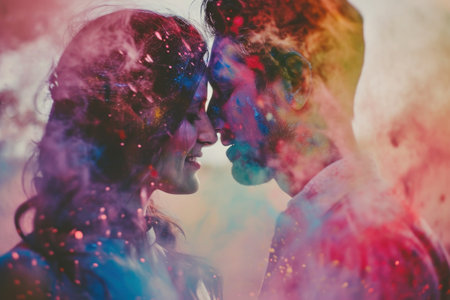 Close-up couple Holi celebration, double exposure with India Holi festivalの素材