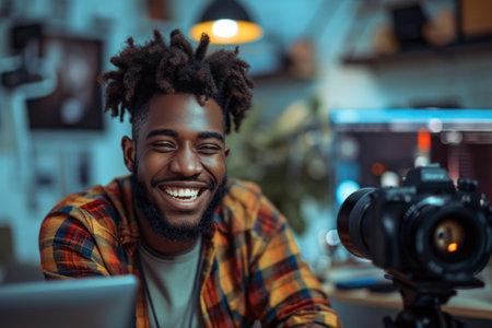 Afro young content creator cheerful with working in the studioの素材