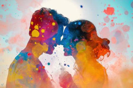 Close-up couple Holi celebration, double exposure with India Holi festivalの素材
