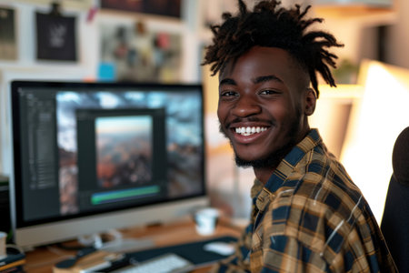 Afro young content creator cheerful with working in the studioの素材