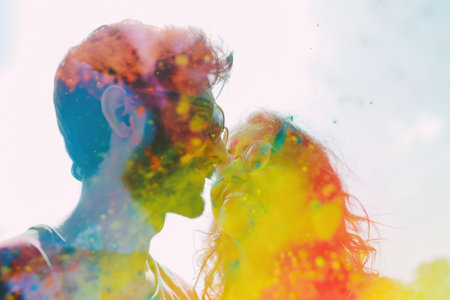 Close-up couple Holi celebration, double exposure with India Holi festivalの素材
