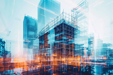 building construction engineering project concept with double exposureの素材