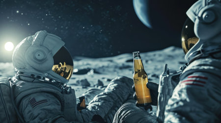 A man and friend in space suits happily freedom holding craft beer bottle cheer on the moonの素材