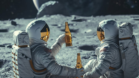 A man and friend in space suits happily freedom holding craft beer bottle cheer on the moonの素材