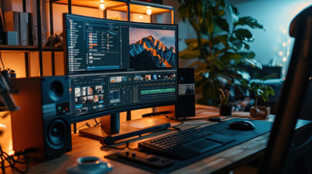 The Freelance desktop with laptop computer and monitor review for editor work with content videoの素材