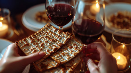 Jews share the Jewish holiday of Passover matzo along with kosher red wineの素材