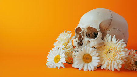 The white daisies on bright-colored skull with flowers on an isolated backgroundの素材