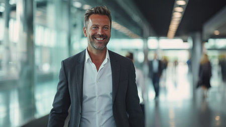 Smiling business walking in airport terminalの素材