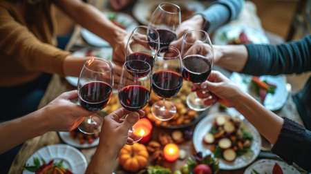 Group of unrecognizable people toasting with wine during Thanksgiving dinner at dining tableの素材
