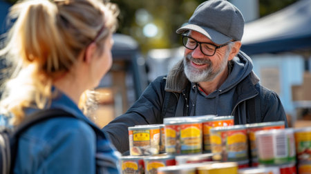 Volunteer accepts canned food donation at food driveの素材