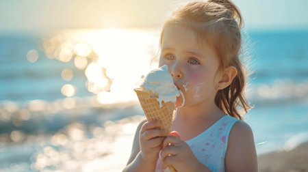 A little girl stands on a beach and eats a melting ice-creamの素材
