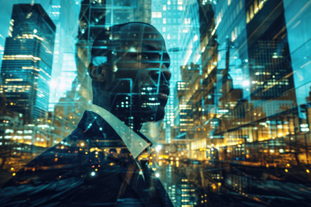 American black Businessman look at camera, double exposure with Building Construction site Night New York Cityの素材