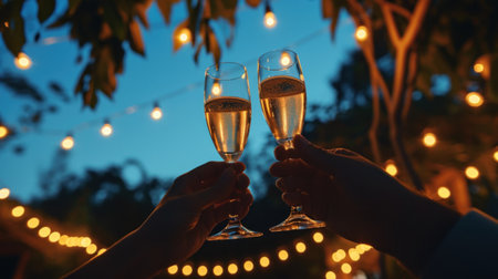 Birthday Celebratory Toast with String Lights and Champagne Silhouettesの素材