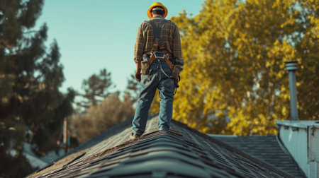 Inspector or blue collar worker examines building roofの素材