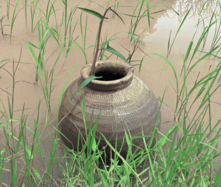 Old clay jars of riceの写真素材