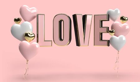 Happy Valentines Day romance greeting card with 3D hearts and LOVE text render. pink gold and white color art object concept.の写真素材