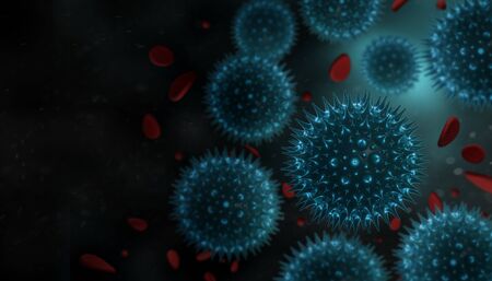 3d rendered Virus in red Blood Stream cell in black background. Coronavirus concept resposible for...