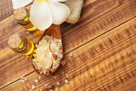 Spa setting with natural olive oil and sea salt.の写真素材