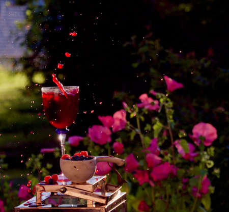Homemade wine splash scene. Red wine in the garden background.