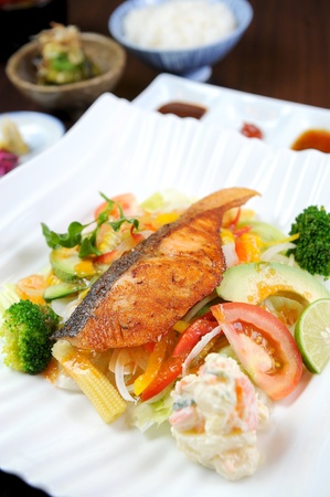 Japanese cuisine .Salmon Steak with Vegetableの写真素材