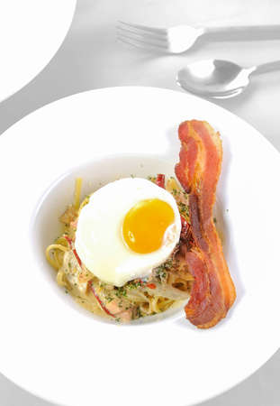 Pasta Carbonara. Spaghetti with baconの写真素材