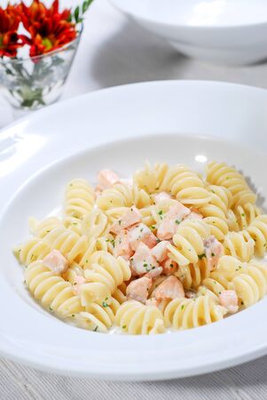 Home made Tasty Pasta with Salmonの写真素材