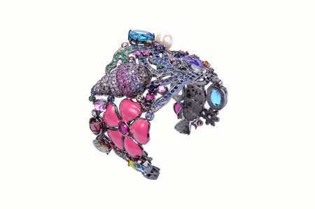 Beautiful of bracelet diamond and color stone on a white backgroundの写真素材