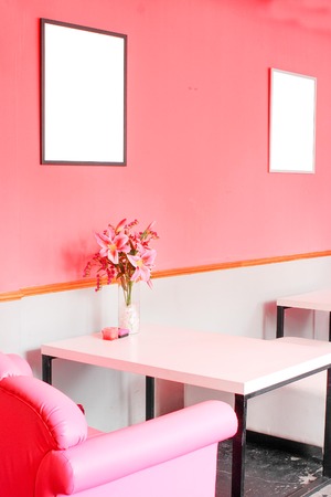 Chairs and table in pink colorの写真素材