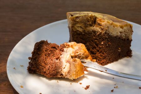 Brownie Cheese Cake on white plate. Sunlight through on a piece of cake with fork.