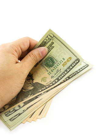 Hand holding dollar bill with white background.