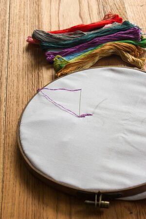 Incomplete embroidery  and embroidery craft tools. Wooden Background