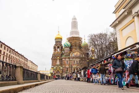Saint Petersburg,Russia. - May 5,2018 : People shopping souvenir shop on street nearly side of the Spilled Blood. Favorite landmark for tourist in St. Petersburg.のeditorial素材